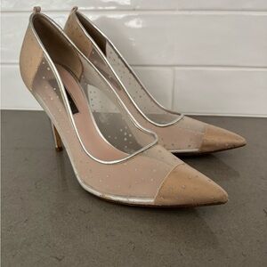 SJP Elegant Beige and Silver Women's Pointy Toe Heels